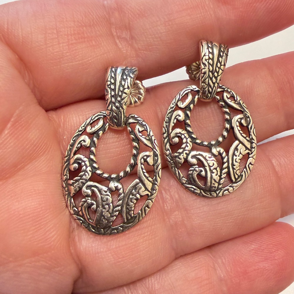Vintage Sterling Silver Pollack Scrollwork Earrings Oval Drop Dangle 925